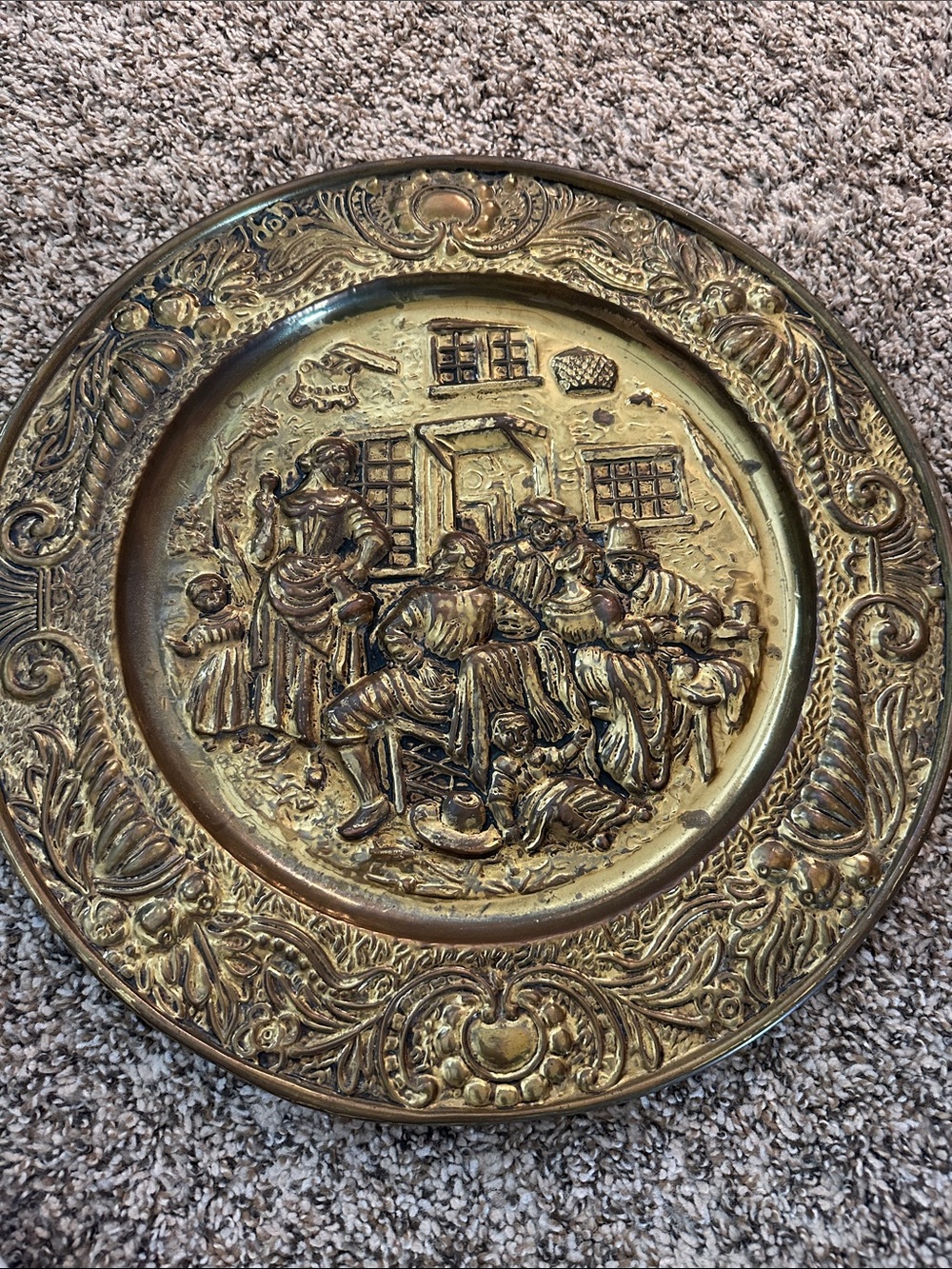 vintage Ornate Gold-Tone Decorative Wall Plate with Raised Scene